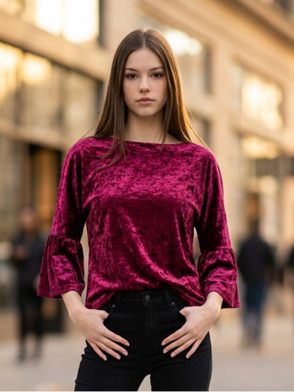 I.N. Studio Crushed Velvet Bell-Sleeve Top in Berry